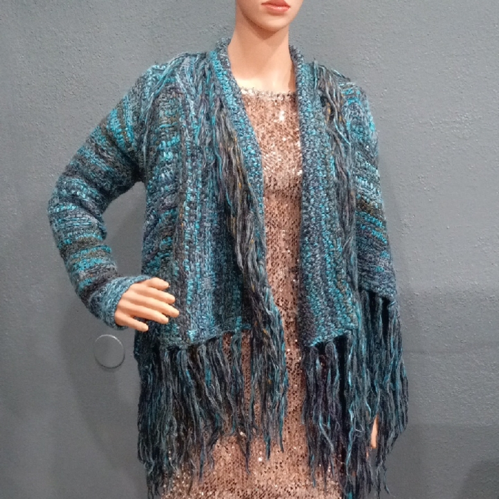 Free People Women's Wool Blend Cardigan Fringe Knit Open Front Sweter